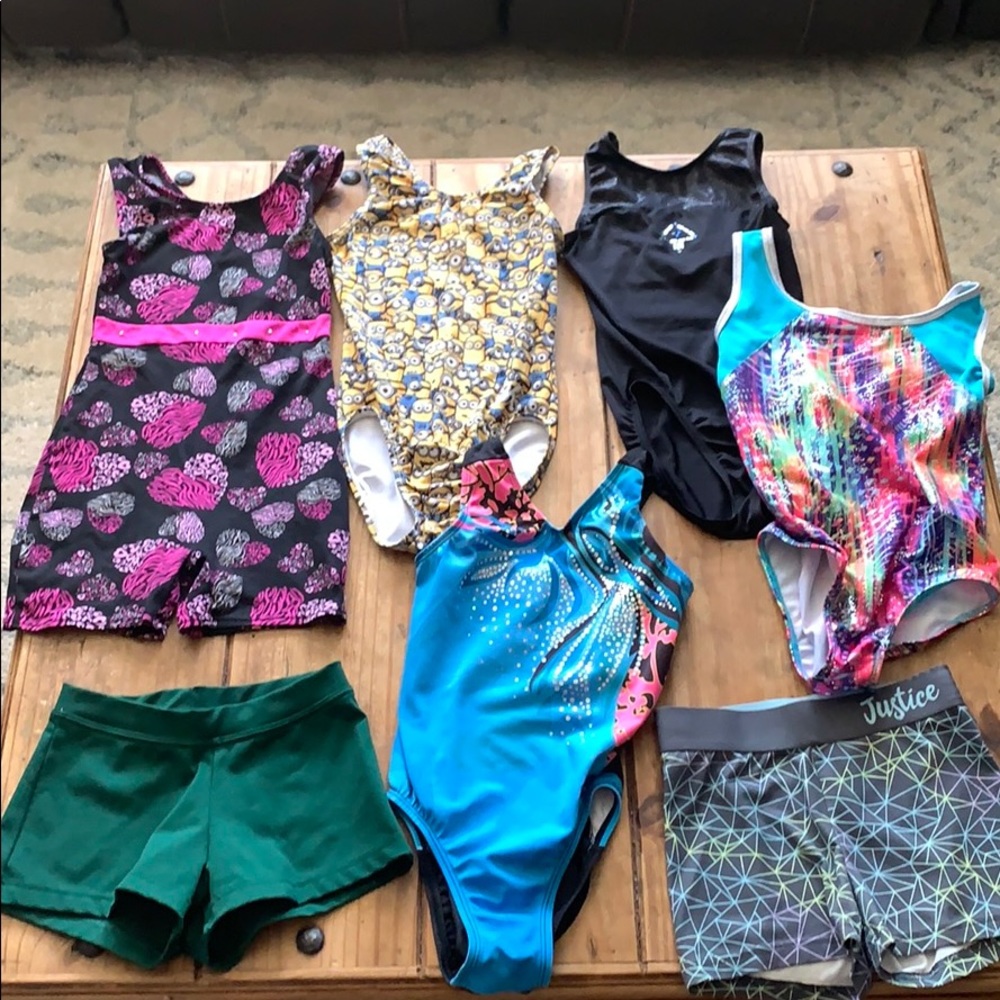 Lot of 7 gymnastics leotards & shorts 8-10 or CM